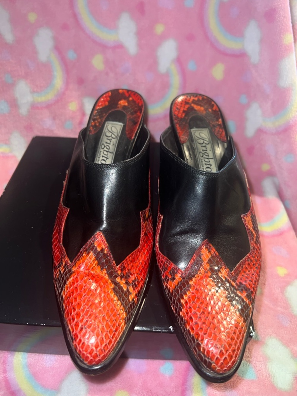 Brighton Black & Red Snake-Embossed Leather Mules